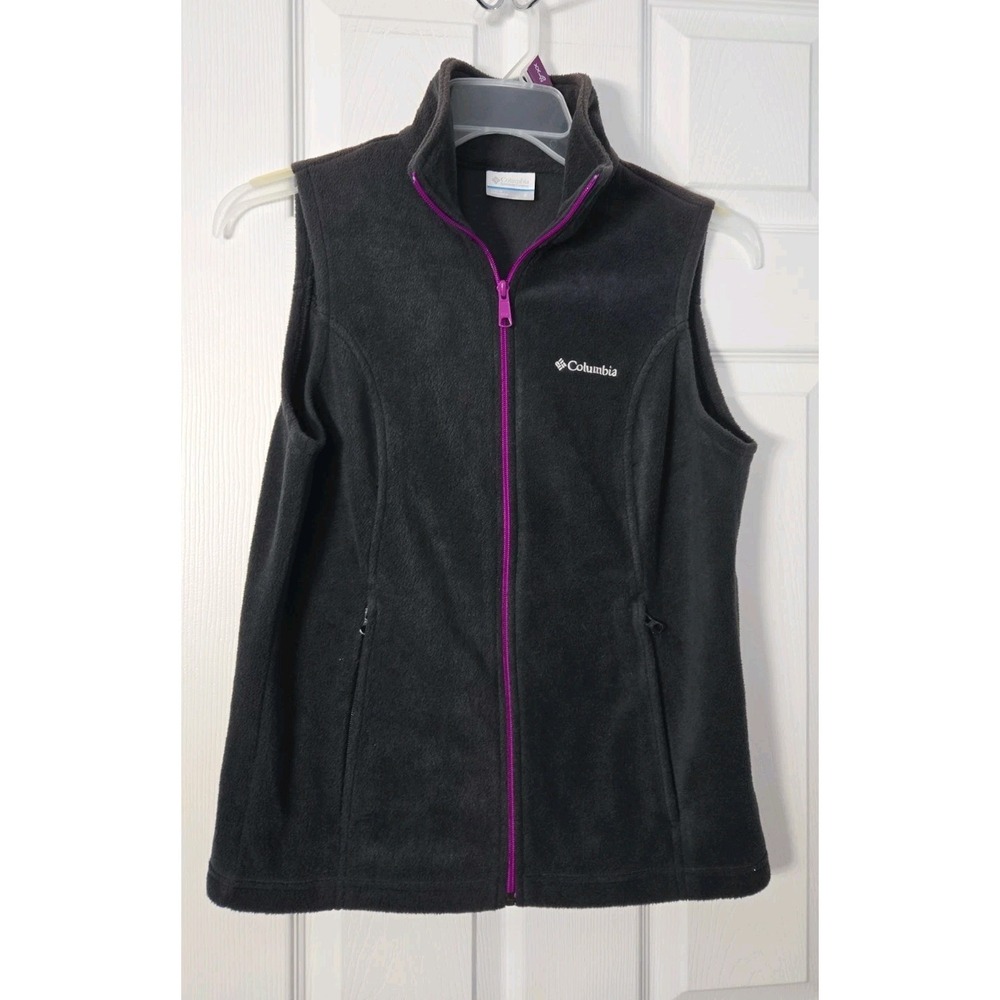 Columbia Women's Black Full Zip Fleece Vest Stand-Up Collar Pockets Logo S